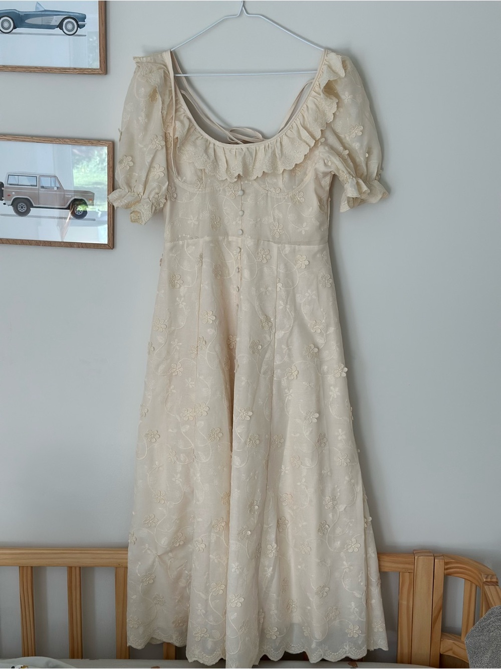 Elegant Cream Floral Embroidered Midi Dress with Ruffle Neck